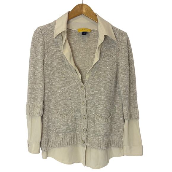 St. John Yellow Label -Silky Blouse and Knit Sweater Top-Cream/Flax- Size Small - Picture 1 of 9